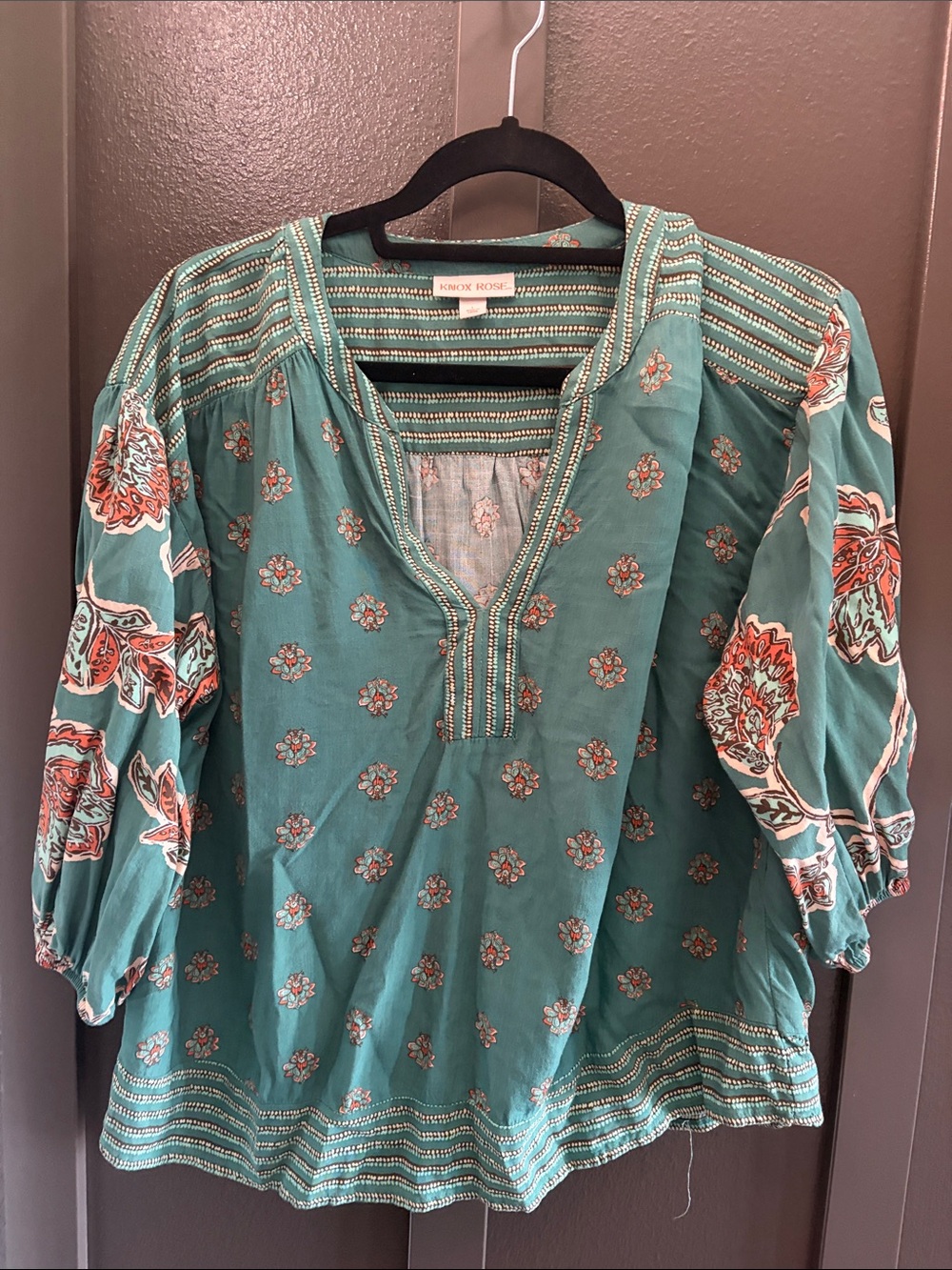 Knox Rose Teal Floral Embroidered V‑Neck Tunic
